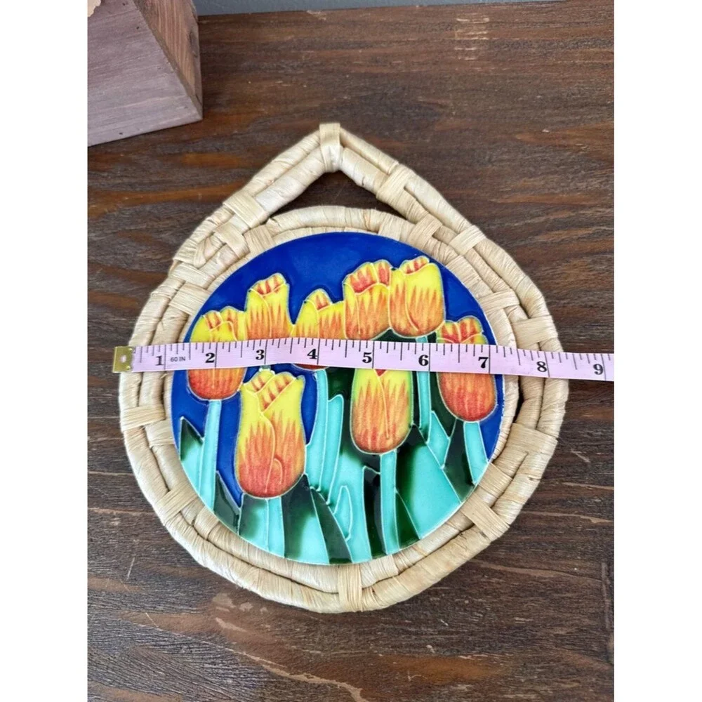 Hand Painted Tulip Tile Trivet Wicker Wall Hanging Dutch Cottagecore Kitchen